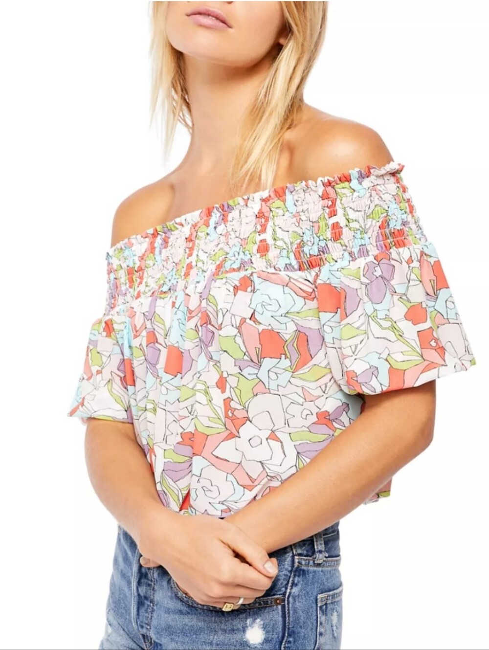 FREE PEOPLE Technicolor Bubble Top Off Shoulder Y2K Summer